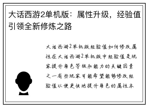 大话西游2单机版：属性升级，经验值引领全新修炼之路